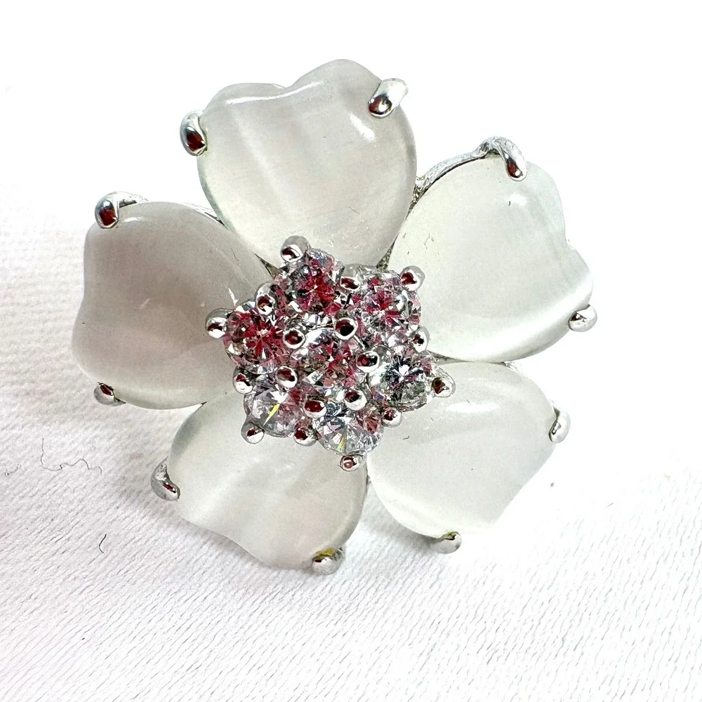 J Goodin Floral Nouveau Ring White Cats Eye Cubic Zirconia Silver Tone Size 6.75
